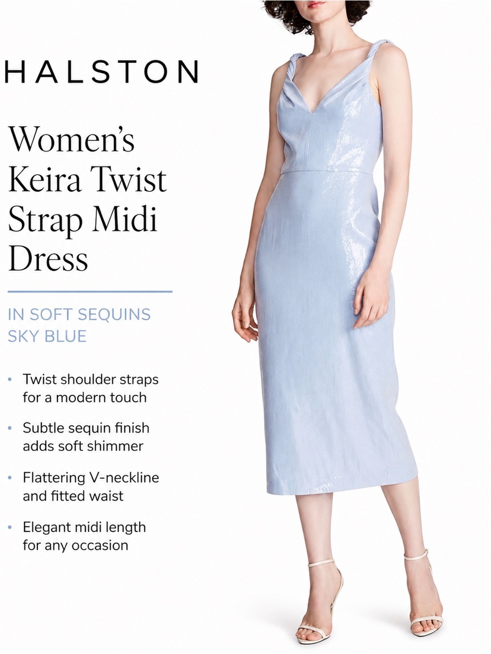 HALSTON Women's Keira Twist Strap Midi Dress in Soft Sequins Sky Blue